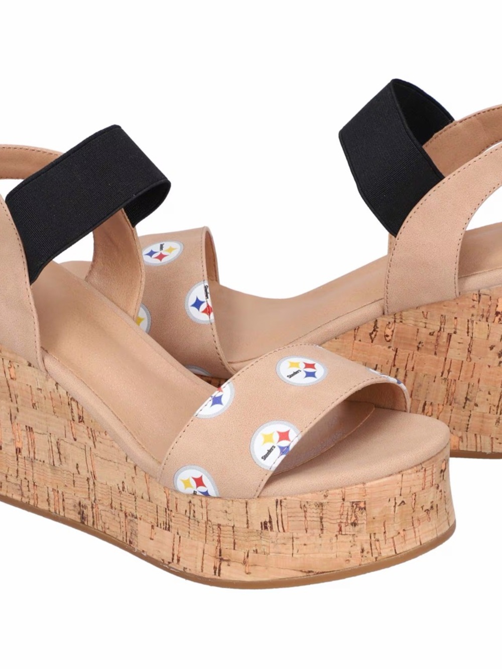 Women’s Pittsburgh Steelers Cork Wedge Sandals with Black Ankle Strap
